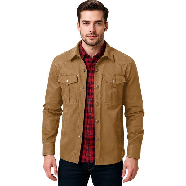 Men's Western Flannel-Lined Casual Jacket with metal buttons, multiple pockets, and cozy flannel lining for cool weather.
