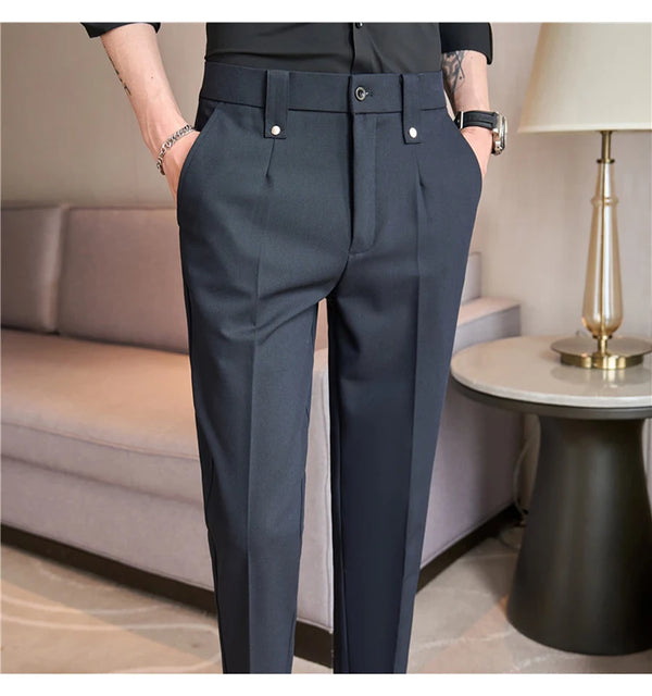 Men's slim fit dress pants in British style with elastic waist, perfect for casual or formal occasions, made from polyester b