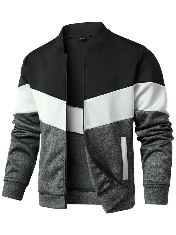 Men's trendy color block bomber jacket in US sizes, perfect for all-season wear and stylish casual outfits.