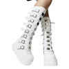 Gothic knee-high platform boots for women with wedge heel, buckle closure, perfect for Halloween, cosplay, and edgy fashion.