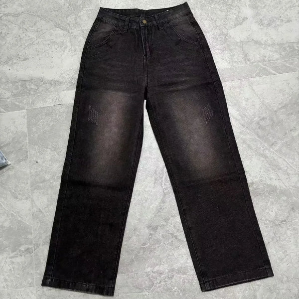 Chic wide leg denim jeans for women in vintage style, featuring mid-rise fit, zipper closure, and functional pockets.