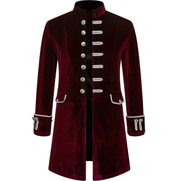 Elegant Men's Medieval-Style Trench Coat in black, featuring a single-breasted design and stand collar for formal occasions.