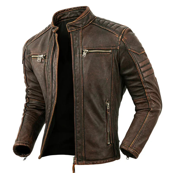 Premium men's leather biker jacket in rich brown with stand collar, crafted from durable first-layer calfskin leather.