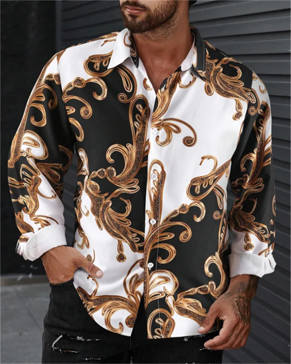 Stylish men's casual silk blend shirt in slim fit with turn-down collar and eye-catching 3D print for modern fashion.