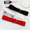 Chic round buckle women's elastic waist belt in neutral color, perfect for dresses, sweaters, and coats. Stylish and versatil