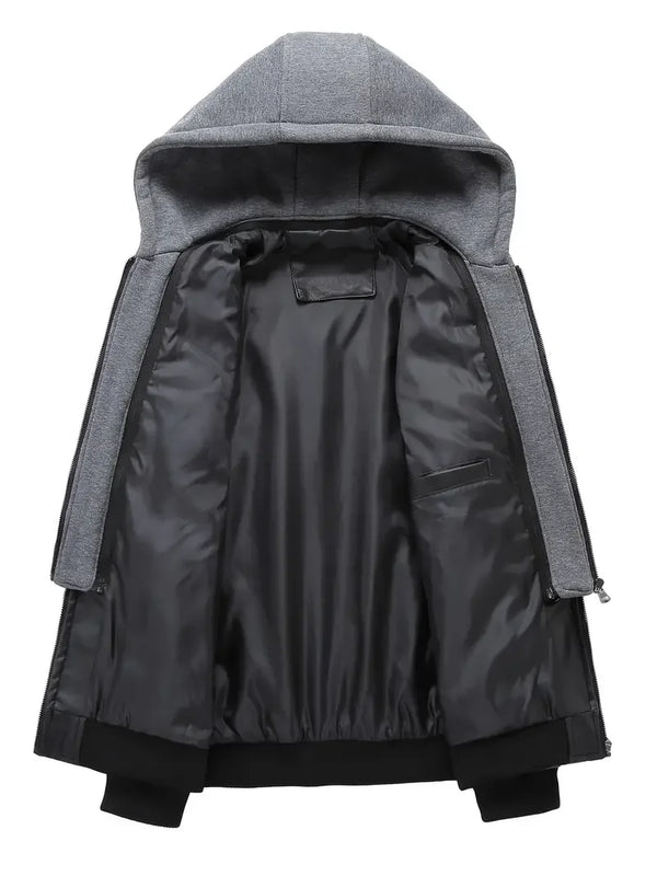 Sleek men's PU leather biker jacket with detachable hood, slim fit, perfect for autumn and winter casual wear.