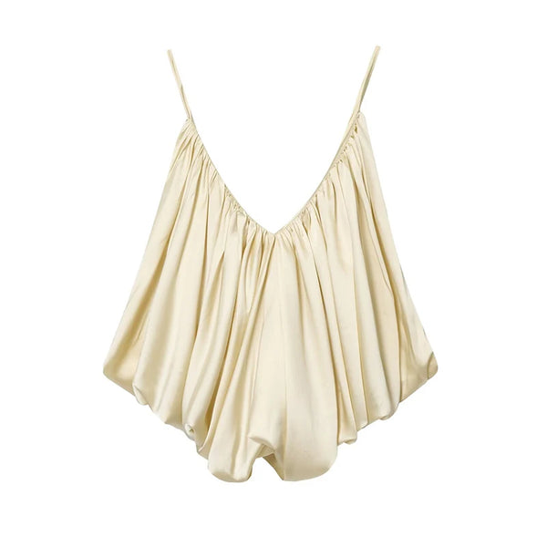 Lustrous slip top featuring V-neck pleating and backless silhouette