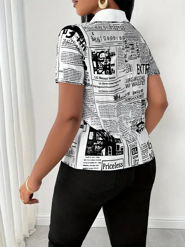 Chic Newspaper Print Blouse featuring a V-neck and short sleeves, perfect for casual or office wear in summer.