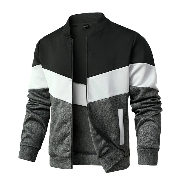Men's trendy color block bomber jacket in US sizes, perfect for all-season wear and stylish urban outfits.