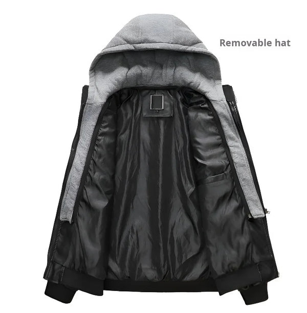 Men's PU leather hooded jacket for autumn and winter, stylish, warm, and perfect for casual outings and outdoor adventures.