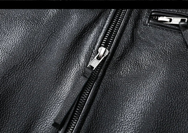 Men's slim fit leather motorcycle jacket in premium cow leather with stand collar and zip closure, perfect for spring and aut