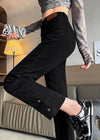 Chic high waist straight leg jeans for women in distressed wash, perfect for casual outings and office wear.
