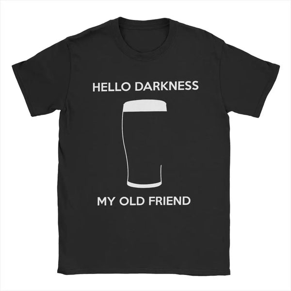 Hello Darkness Beer Lover's Cotton T-Shirt in black, featuring a playful beer print, perfect for casual outings and gifts.