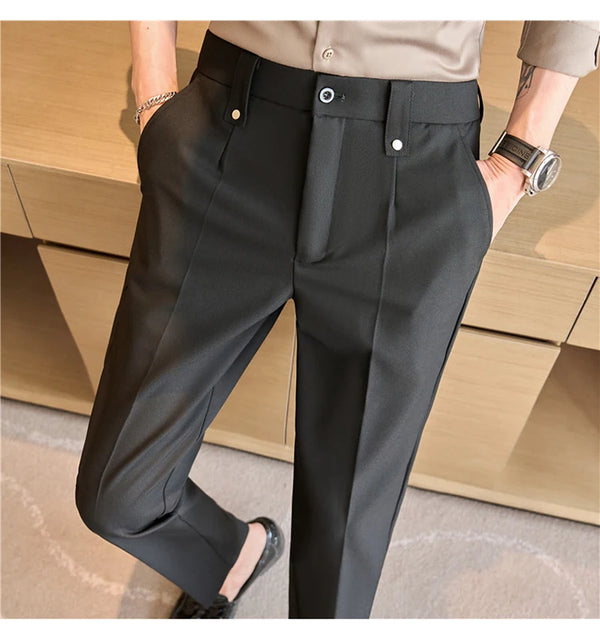 Men's slim fit dress pants in British style with elastic waist, perfect for casual and formal occasions, made from polyester