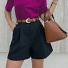 Women's high-waist shorts with adjustable belt detail, zip-front closure, and elongating silhouette for summer comfort