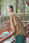 Elegant cotton linen coat with stand collar neckline and single-breasted front