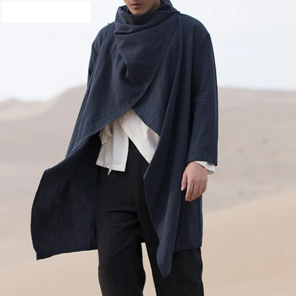 Men's vintage cotton trench jacket with scarf collar in navy, perfect for spring outings and stylish casual wear.