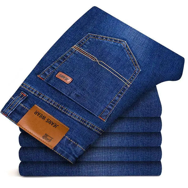 Straight-leg men's jeans in timeless blue denim with stretch technology and full-length versatile design