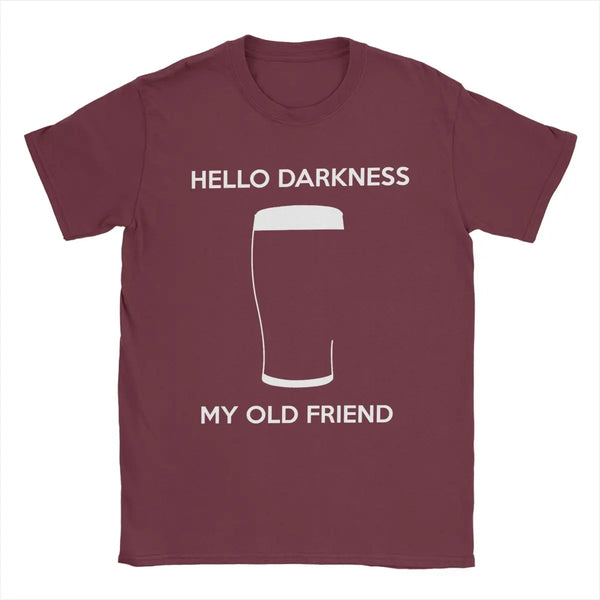 Hello Darkness Beer Lover's Cotton T-Shirt in black, featuring a playful beer print, perfect for casual outings and gifts.