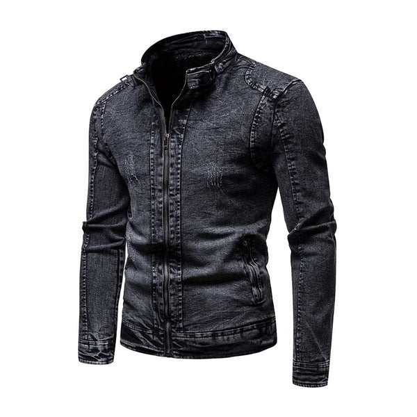 Men's retro slim fit motorcycle jacket for fall and winter, featuring a stand collar and secure zipper front, perfect for cas