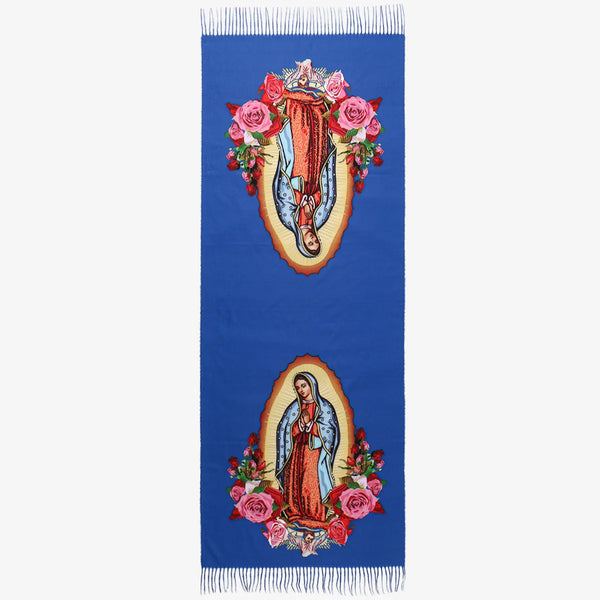 Elegant shawl with Virgin Mary print, perfect for layering during winter church visits.