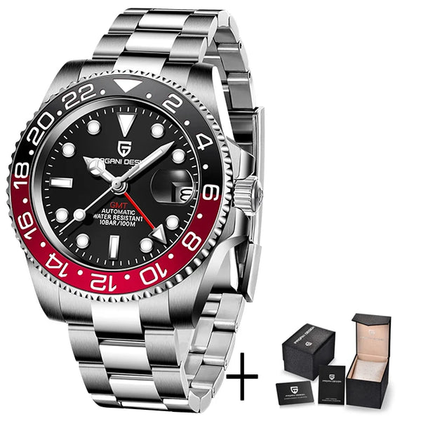 Men's luxury watch with kinetic movement and water resistance feature.