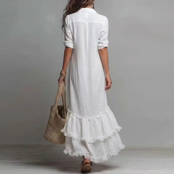 Button-down dress with flowing high-low hemline and comfortable stretch polyester fabric