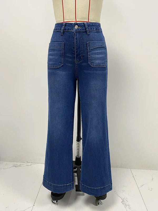 Chic high-waisted wide-leg jeans for women, featuring a relaxed fit, pockets, and subtle distressed details for modern style.