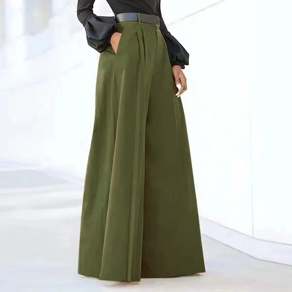 Chic wide leg palazzo pants for women in nylon-cotton blend, featuring pockets and button detail for stylish comfort.