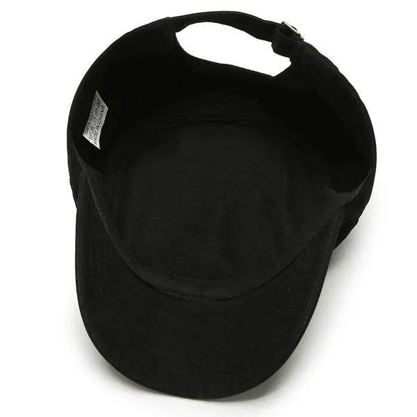 Black polyester cap with adjustable fit for comfort.