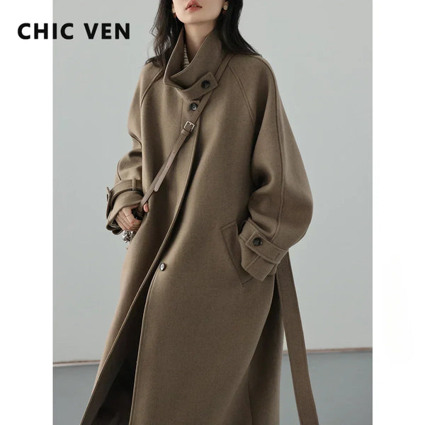 Polished Authority Belted Woolen Trench Coat in classic silhouette with turtleneck collar