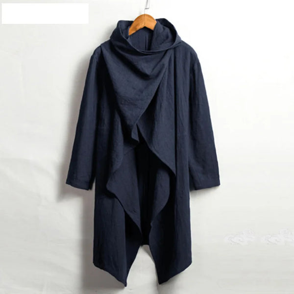 Men's vintage cotton trench jacket with scarf collar in navy, perfect for spring outings and stylish casual wear.
