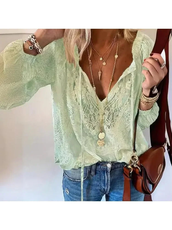 Elegant Boho Lace V-Neck Blouse for women, featuring lightweight fabric, full sleeves, and a relaxed fit for casual sophistic