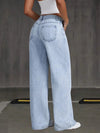 Chic wide-leg denim jeans for women, featuring a button-fly closure and lightweight, breathable fabric for everyday wear.