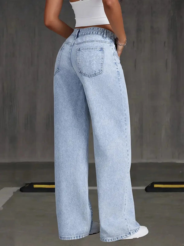 Chic wide-leg denim jeans for women, featuring a button-fly closure and lightweight, breathable fabric for everyday wear.