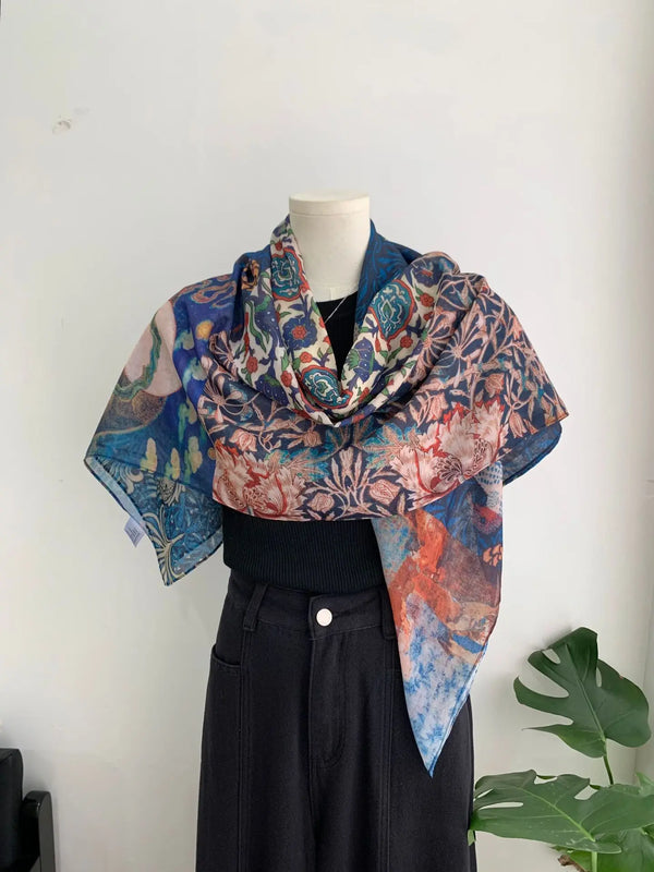 Unique vintage pattern scarf, ideal for wrapping, tying, or wearing as a hair accessory.