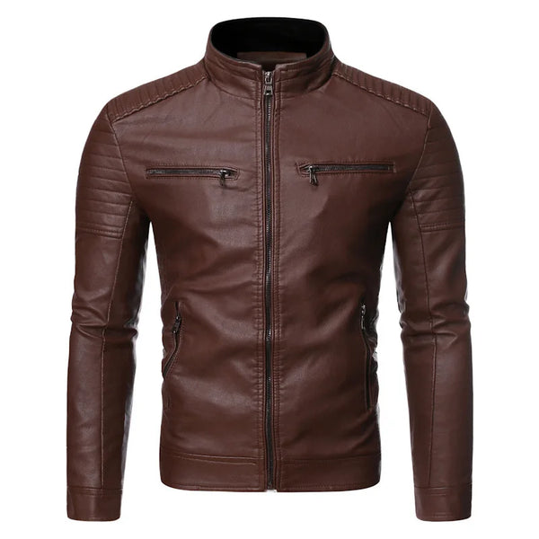 Stylish men's faux leather biker jacket in slim fit with stand collar, perfect for autumn and spring casual wear.