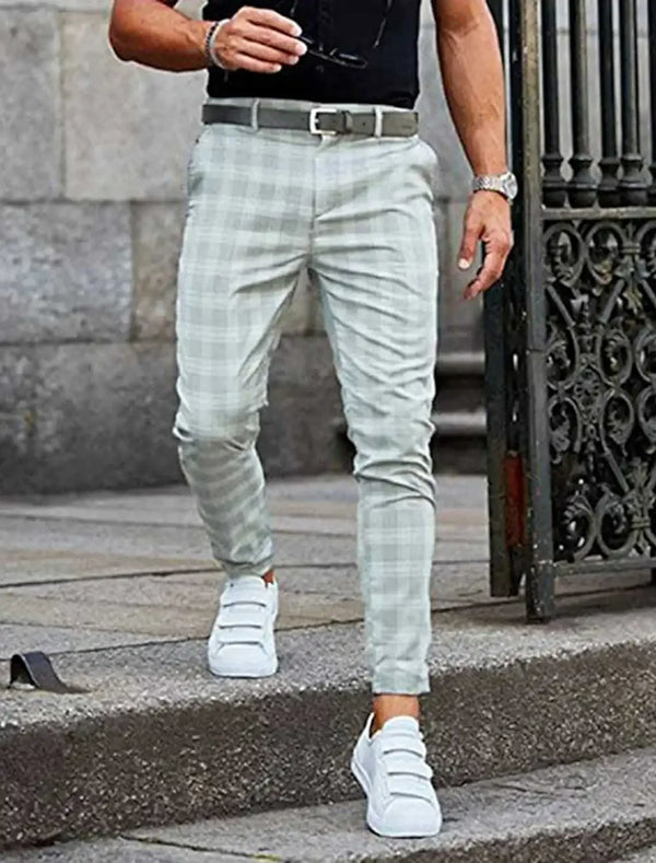 Plaid slim fit suit pants for men, stylish and casual, perfect for autumn and winter, made from high-quality polyester.