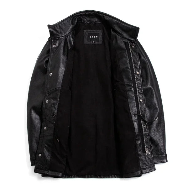 Close-up of real cowhide leather texture on Tcyeek winter jacket.