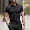 White short sleeve stretch business shirt with slim fit design and square collar on white background