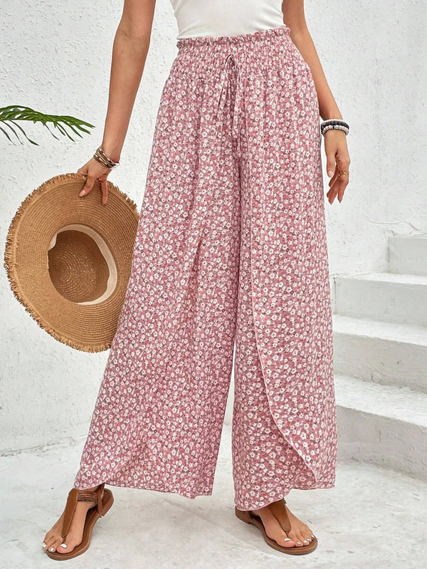 Floral wide-leg chiffon pants for women, ankle-length, elastic waist, perfect for summer fashion and casual chic outfits.