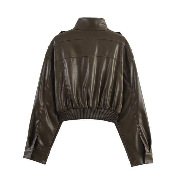 Chic army green faux leather jacket for women with stand collar, loose fit, and functional pockets for stylish winter wear.