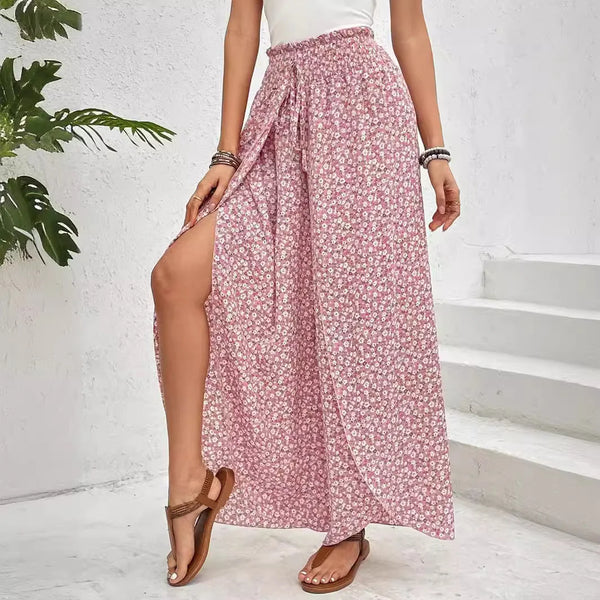 Floral wide-leg chiffon pants for women, ankle-length, elastic waist, perfect for summer fashion and casual chic outfits.