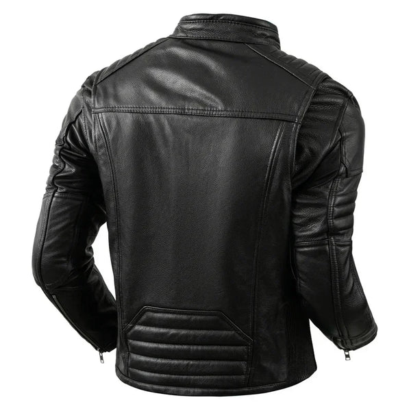 Premium men's leather biker jacket in rich brown with stand collar, crafted from durable first-layer calfskin leather.