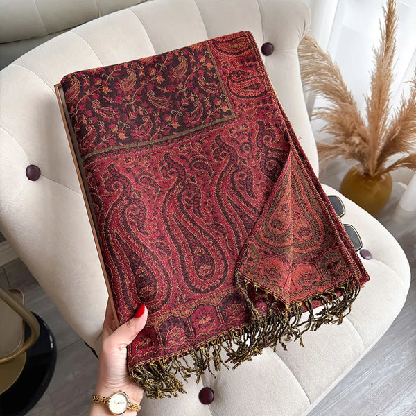 Machine washable paisley pashmina shawl, perfect for all seasons.