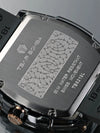 Tonneau-shaped acrylic case of the sapphire crystal watch against a soft background.