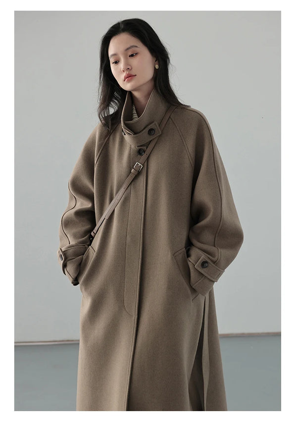 Versatile belted trench in warm wool polyester blend for winter styling