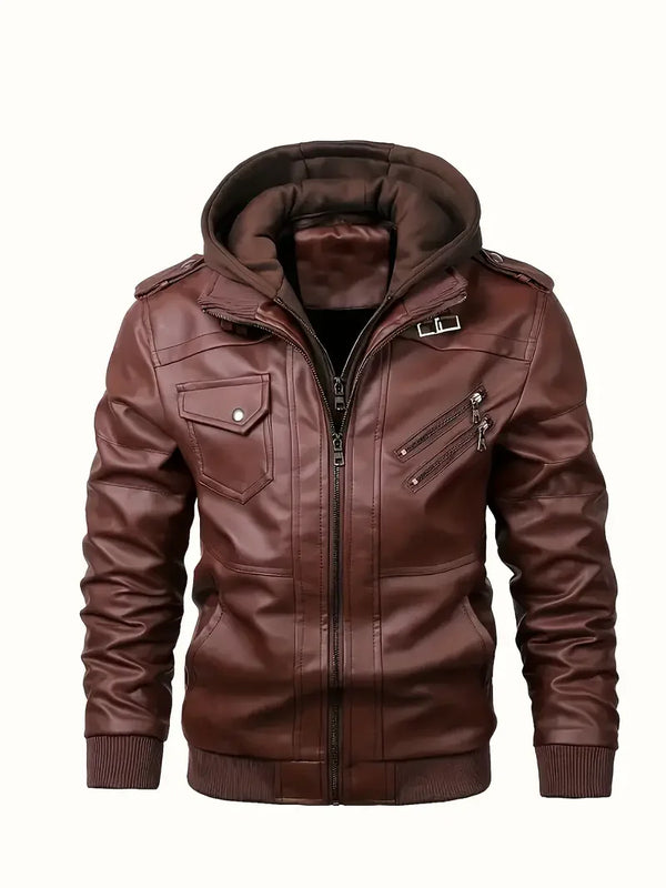 Sleek men's PU leather biker jacket with detachable hood, slim fit, perfect for autumn and winter, stylish and windproof.
