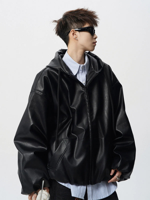 Men's Classic PU Leather Motorcycle Jacket with ribbed cuffs, zipper closure, and warm polyester lining for winter style.