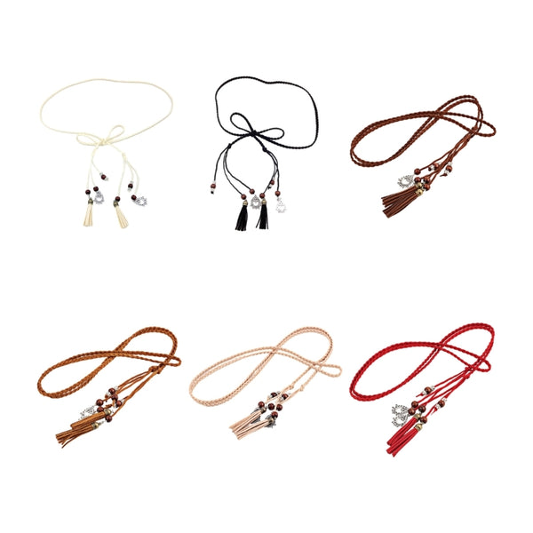 Bohemian braided faux leather skinny belt for women in camel, perfect for casual and formal outfits with fringe accents.